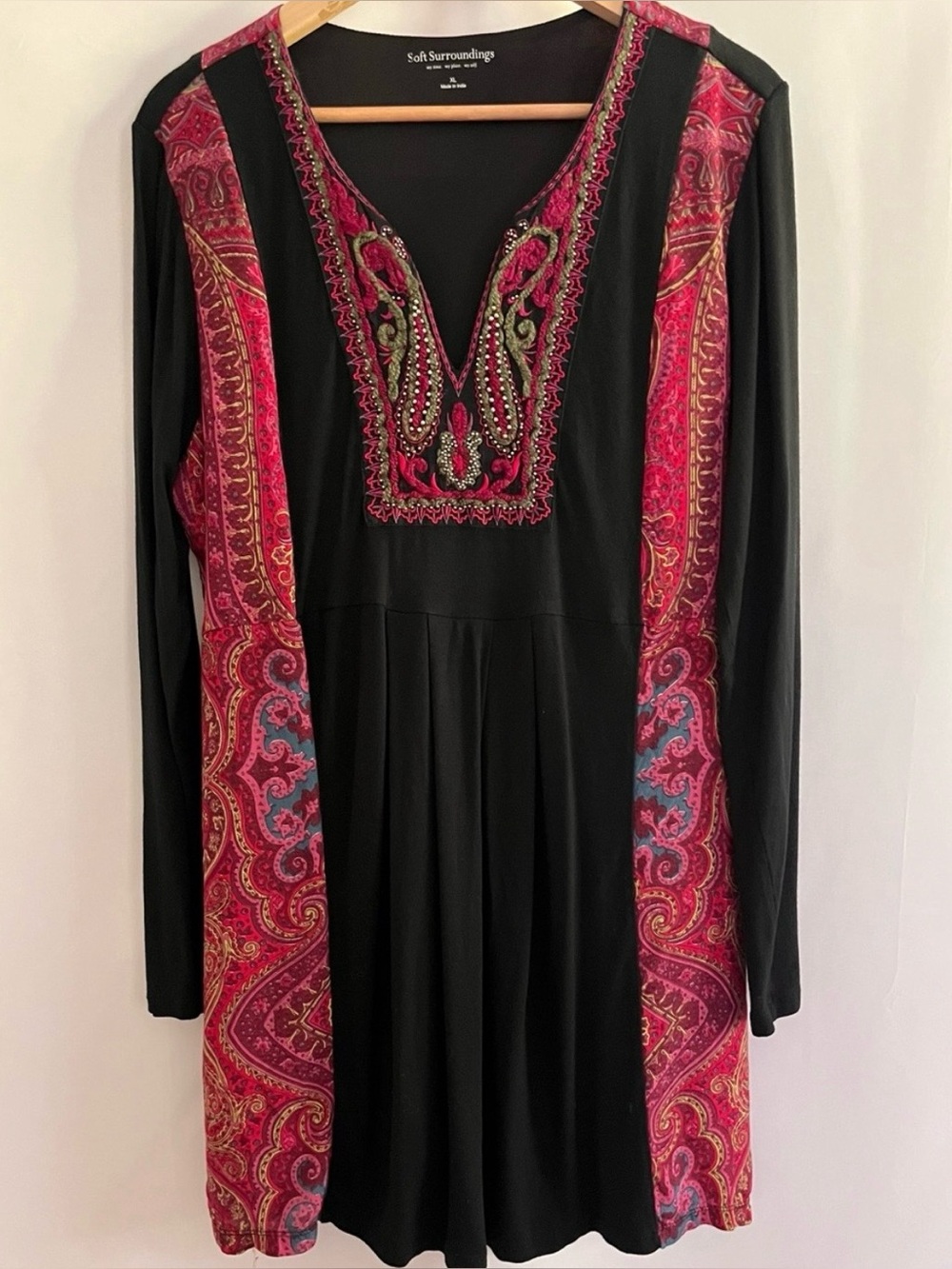 Soft Surroundings Black Pink Paisley Dress Tunic Top Beaded Embroidered Boho XL